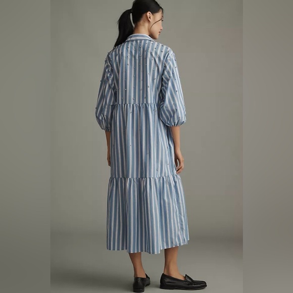 NWT Anthropologie The Bettina Embellished Tiered Shirt Dress Blue White MP - Picture 2 of 12